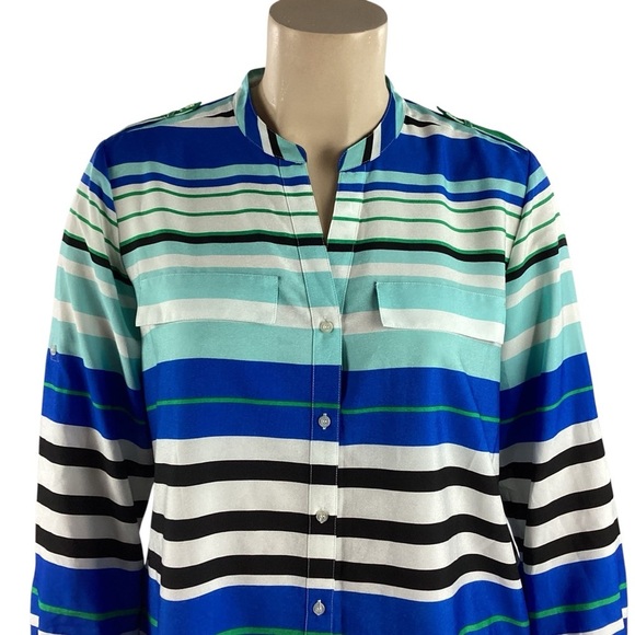 Calvin Klein Striped Button Front Roll Tab Shirt Blue Green XL - Picture 2 of 7